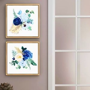 2 Piece Gold Framed Canvas Wall Art Blue Hydrangea and Peony